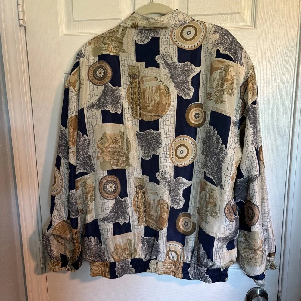 Vintage Fu Da Intl 100% Silk Mediterranean Novelty Print Navy Bomber Jacket XL